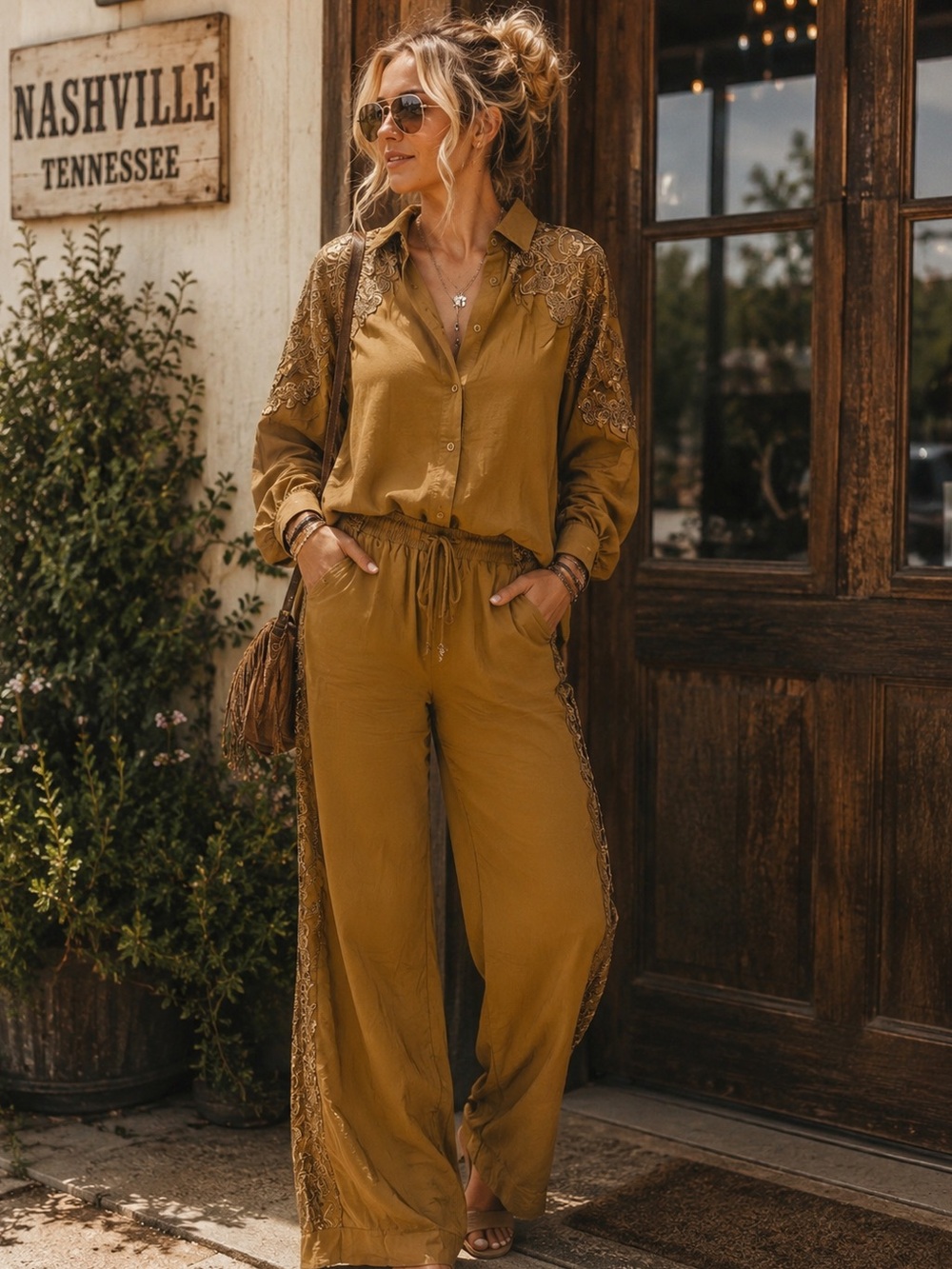 Embroidered Mustard Button-Front Jumpsuit Shirt
